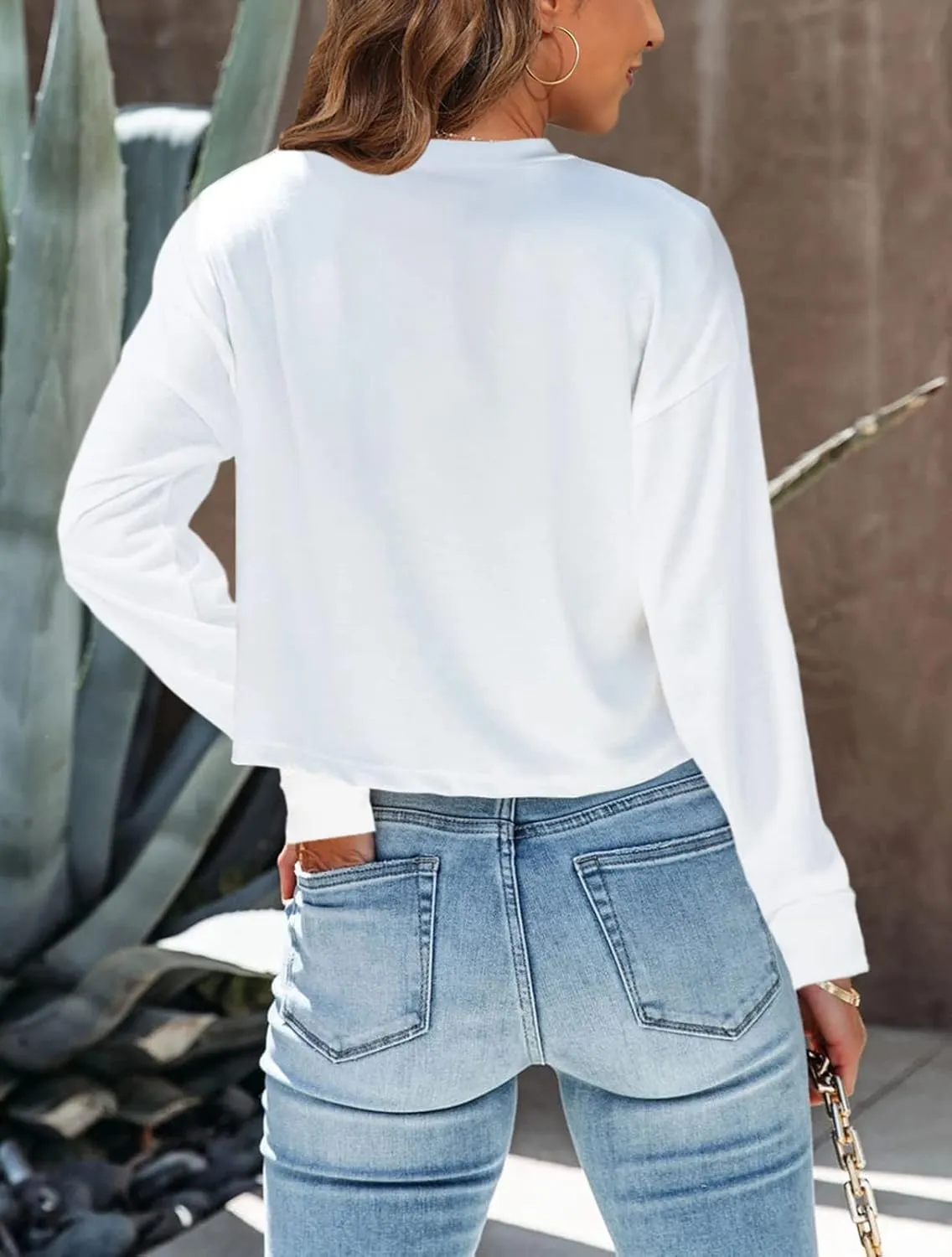 Tankaneo Womens Long Sleeve Crop Tops Loose Fit Cropped Tshirt 2025 Crew Neck Casual Shirts