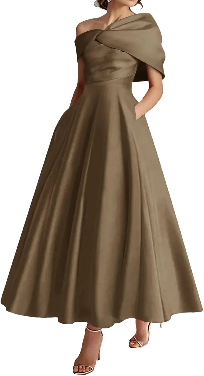 Tea Length Mother of The Bride Dresses Bow One Shoudler Prom Dress Ruffle Satin Formal Evening Gowns with Pockets