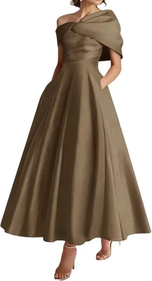 Tea Length Mother of The Bride Dresses Bow One Shoudler Prom Dress Ruffle Satin Formal Evening Gowns with Pockets