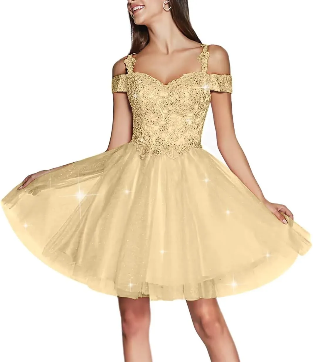 Teen Glitter Tulle Homecoming Dresses A Line Short Prom Dress Sweetheart Lace Applique Cocktail Gown