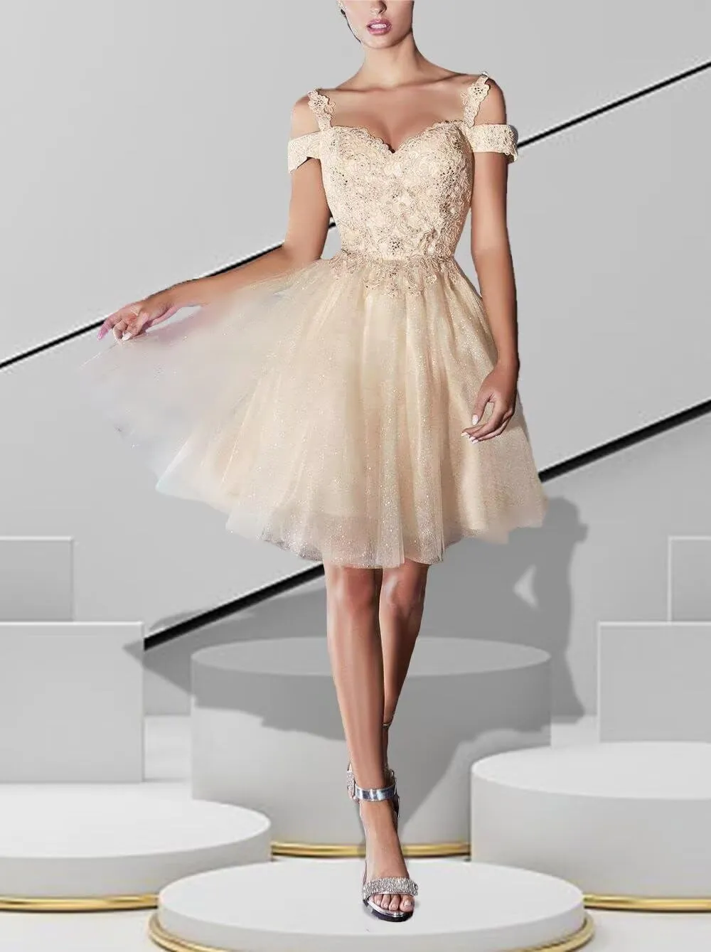 Teen Glitter Tulle Homecoming Dresses A Line Short Prom Dress Sweetheart Lace Applique Cocktail Gown