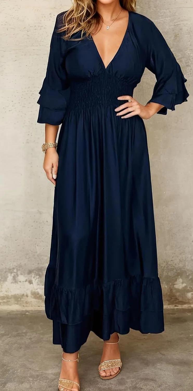 TIAFORD Women's Satin 3/4 Sleeve Ruffle Tiered Pleated Long Dress Flowy Sexy V Neck Smocked Elastic Waist Maxi Dresses