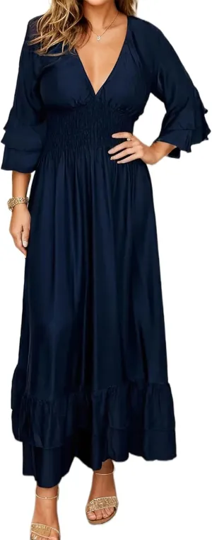 TIAFORD Women's Satin 3/4 Sleeve Ruffle Tiered Pleated Long Dress Flowy Sexy V Neck Smocked Elastic Waist Maxi Dresses