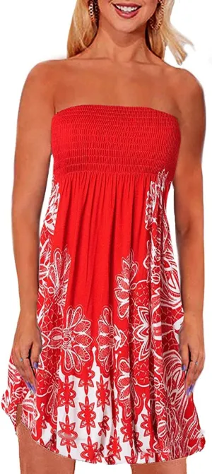 TICBRY Tube Dress for Womens Summer Beach Casual Strapless Boho Smocked Cover Ups Dress