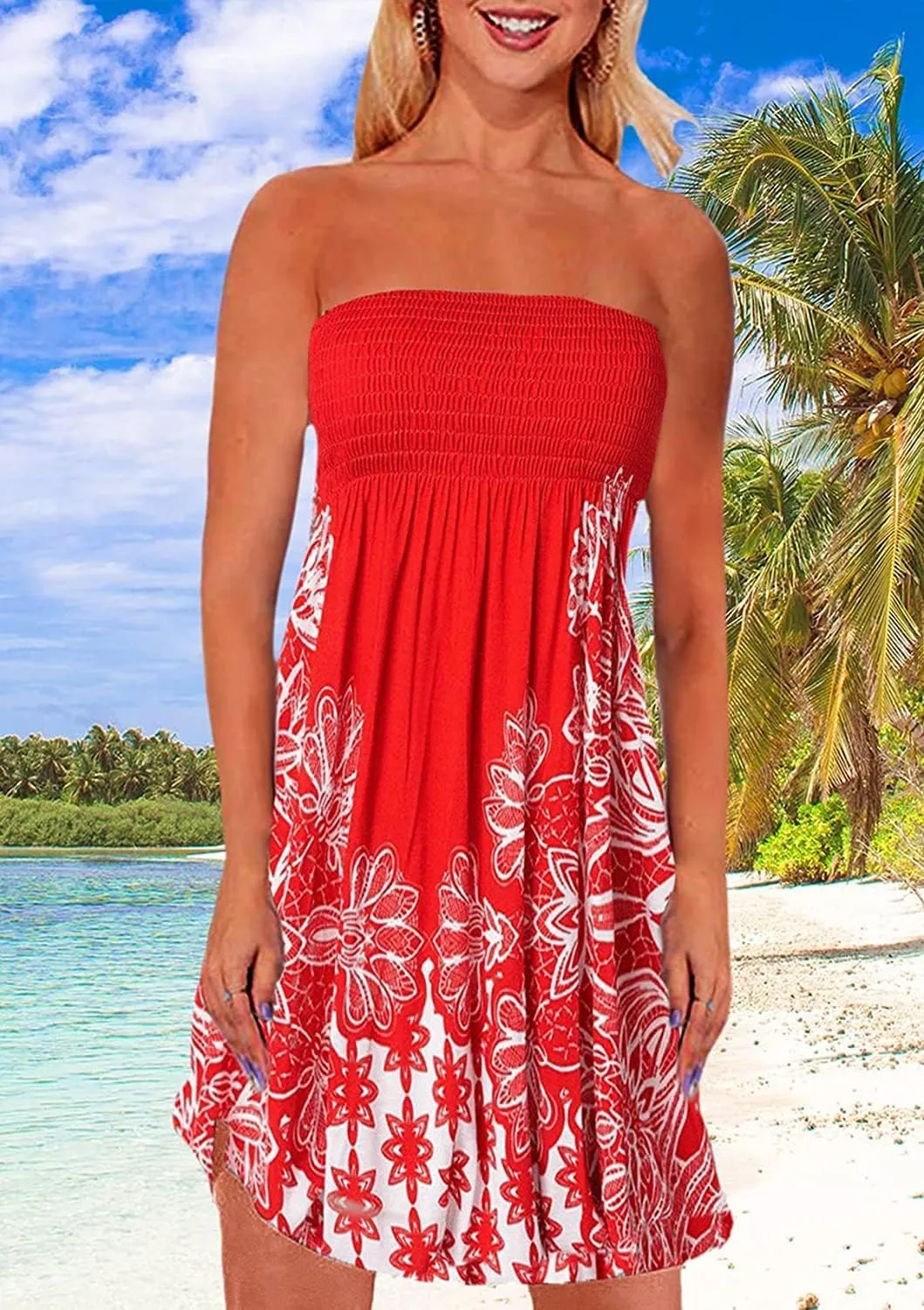 TICBRY Tube Dress for Womens Summer Beach Casual Strapless Boho Smocked Cover Ups Dress