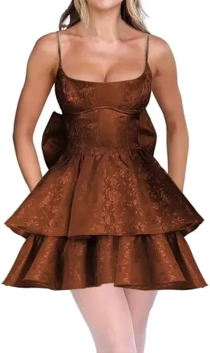 Tiered Jacquard Short Prom Dress with Bow Spaghetti Straps Floral Homecoming Dresses Mini Formal Cocktail Party Gowns