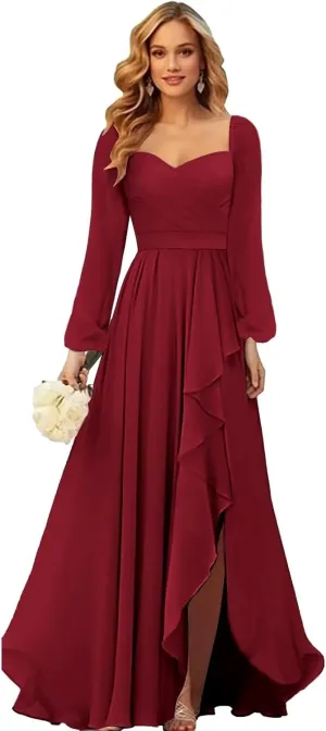 TORYEMY Chiffon Bridesmaid Dresses Long Sleeve with Slit Ruffle Pleated Formal Evening Dresses for Women