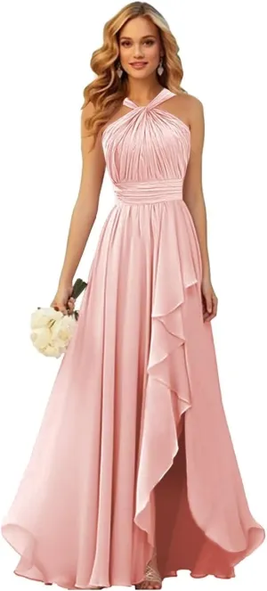 TORYEMY Chiffon Halter Bridesmaid Dresses Long with Slit Ruffle Formal Evening Dresses for Wedding
