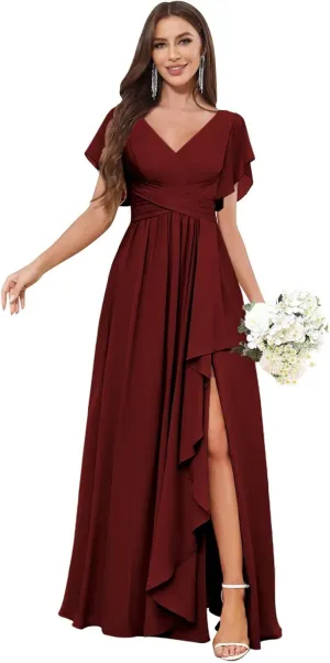 TORYEMY Womens Chiffon Bridesmaid Dresses with Sleeves Slit Long V Neck Ruffle Formal Evening Dress for Women