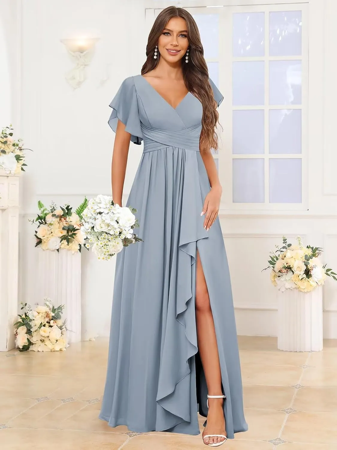 TORYEMY Womens Chiffon Bridesmaid Dresses with Sleeves Slit Long V Neck Ruffle Formal Evening Dress for Women