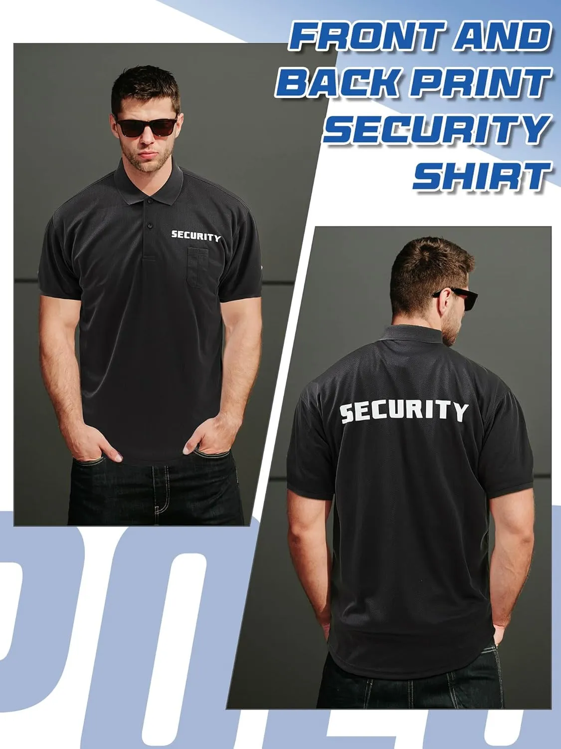 Toulite 6 Pcs Black Security Shirts for Men Security Guard Costume Front Back Print Event Safety Officer Uniform