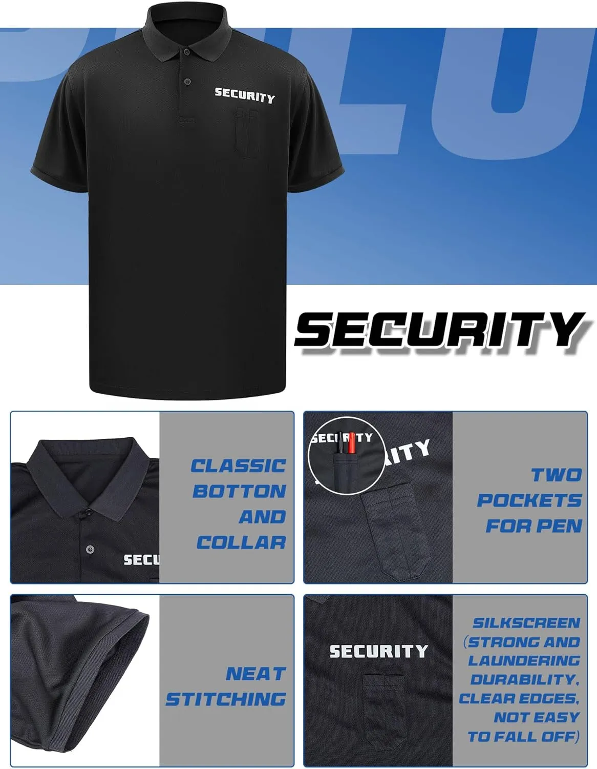 Toulite 6 Pcs Black Security Shirts for Men Security Guard Costume Front Back Print Event Safety Officer Uniform