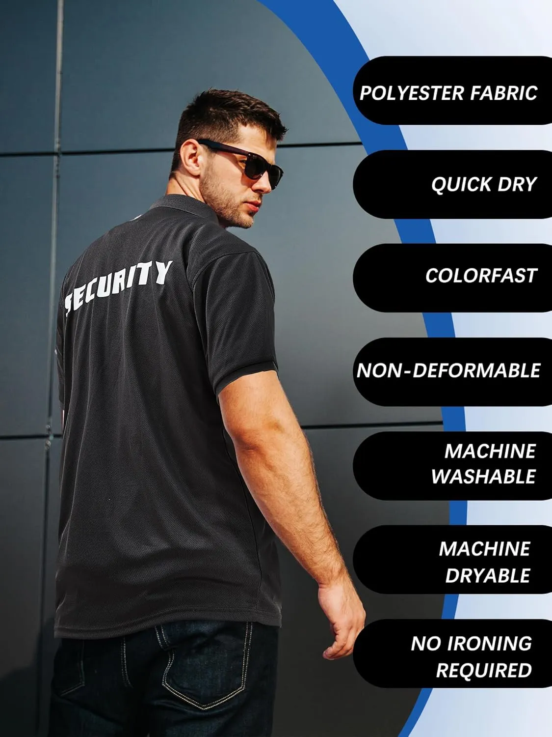Toulite 6 Pcs Black Security Shirts for Men Security Guard Costume Front Back Print Event Safety Officer Uniform