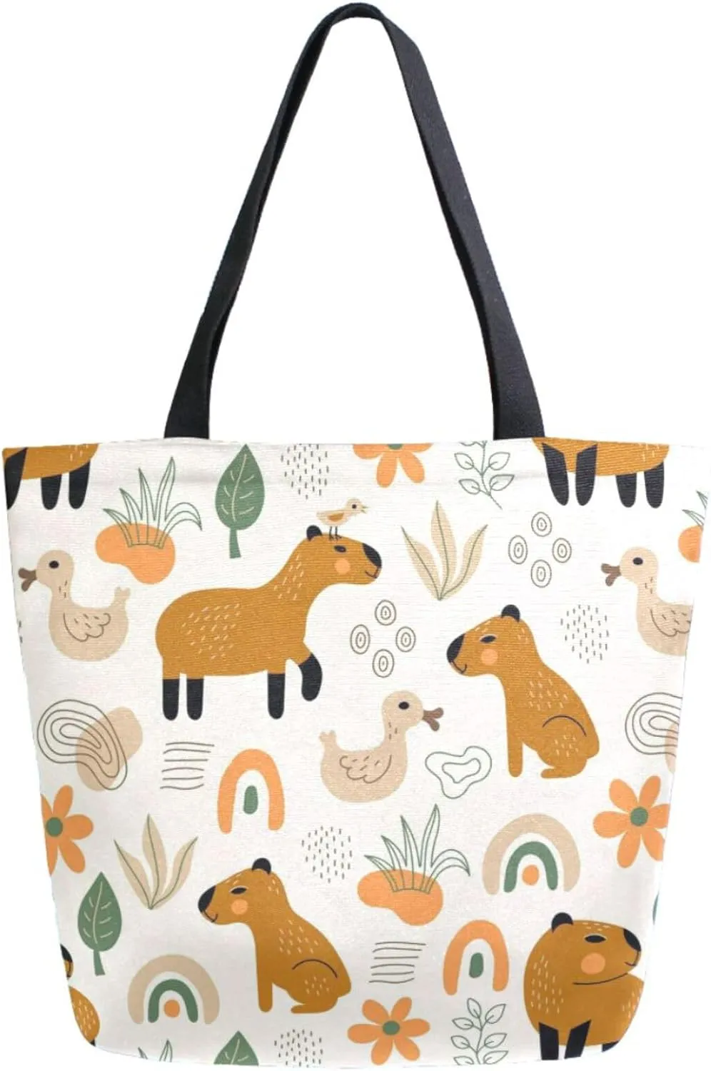 Trendy Extra Large Shoulder Grocery Tote Bag, Lovely Cartoon Capybar Ducks Flowers Canvas Daily Handle Bag for Gym Yoga Weekender Picnic Beach Travel Kitchen Reusable Market Shopping