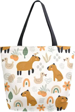 Trendy Extra Large Shoulder Grocery Tote Bag, Lovely Cartoon Capybar Ducks Flowers Canvas Daily Handle Bag for Gym Yoga Weekender Picnic Beach Travel Kitchen Reusable Market Shopping