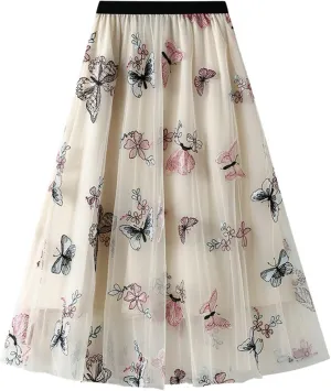 Tulle Skirts for Women High Waist Layered Floral Print Embroidery Mesh A-Line Skirt Party Dress