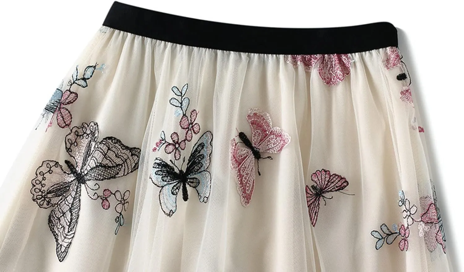 Tulle Skirts for Women High Waist Layered Floral Print Embroidery Mesh A-Line Skirt Party Dress