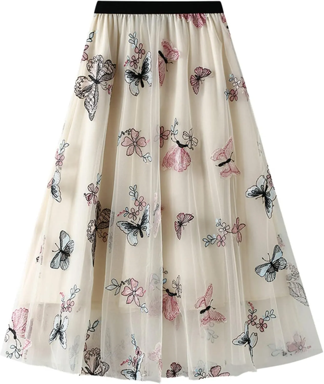 Tulle Skirts for Women High Waist Layered Floral Print Embroidery Mesh A-Line Skirt Party Dress