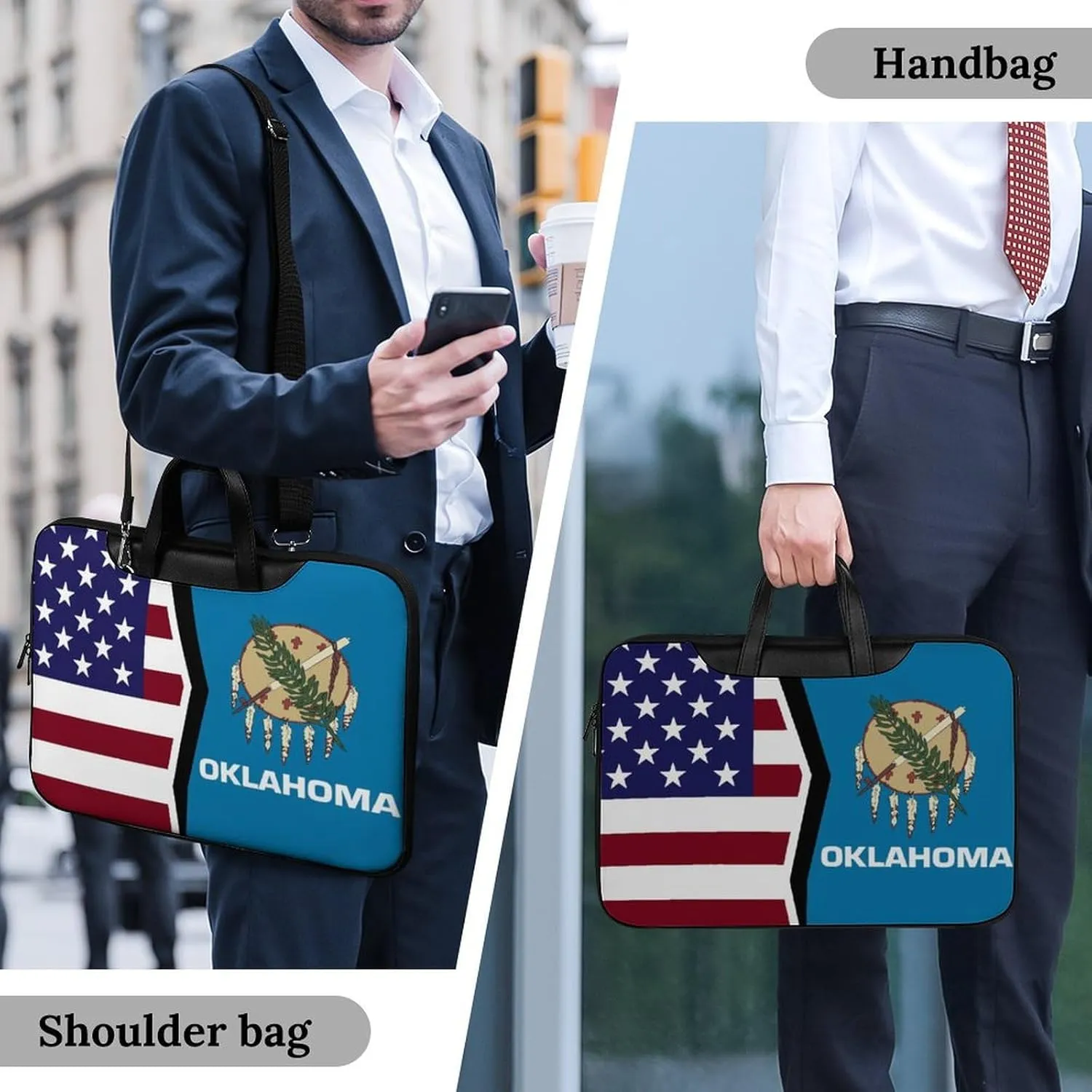U.S.A And Oklahoma State Flag Leather Bag Laptop Case Slim Water Resistant Computer Bags with Handle Briefcase for Work