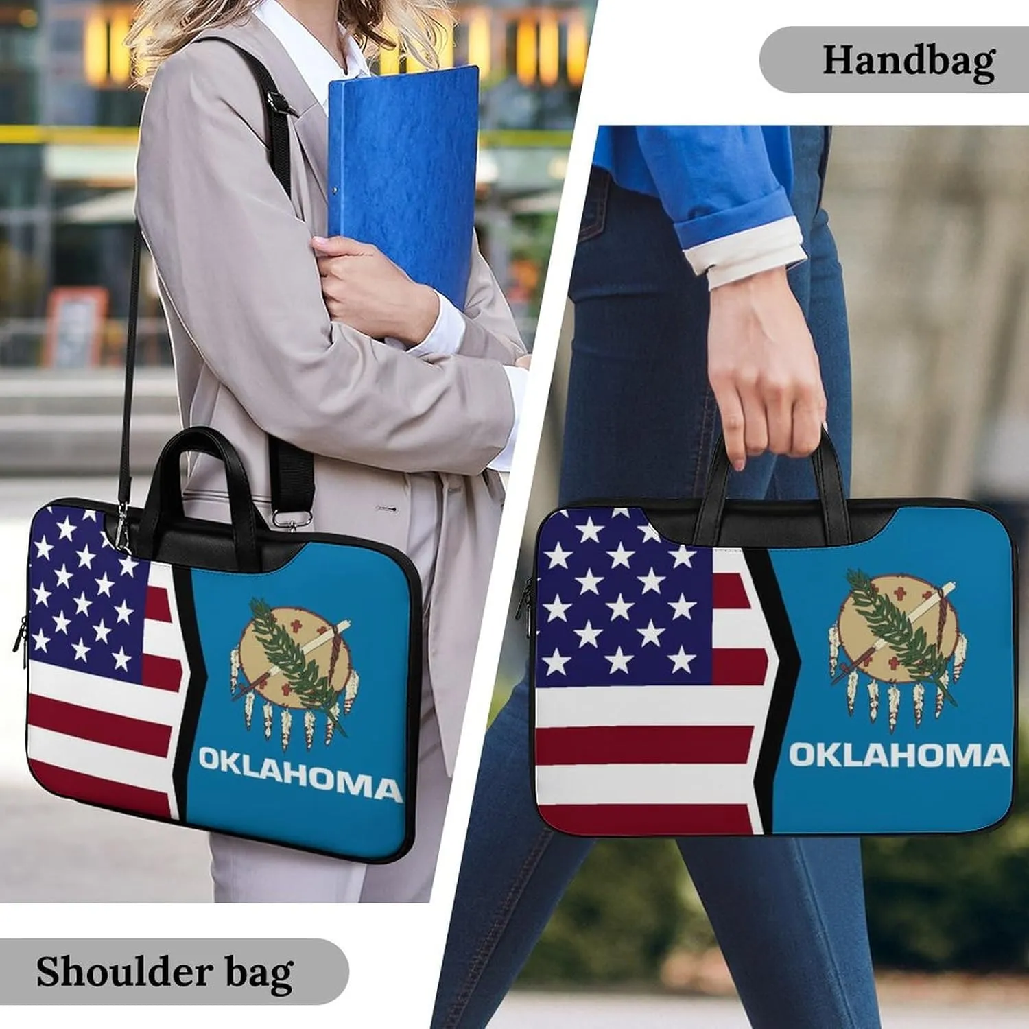 U.S.A And Oklahoma State Flag Leather Bag Laptop Case Slim Water Resistant Computer Bags with Handle Briefcase for Work