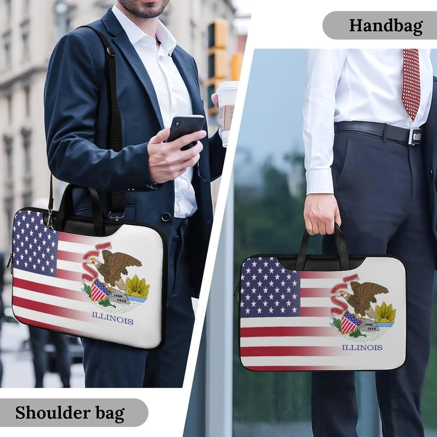 U.S.A Illinois State Flag Leather Bag Laptop Case Slim Water Resistant Computer Bags with Handle Briefcase for Work