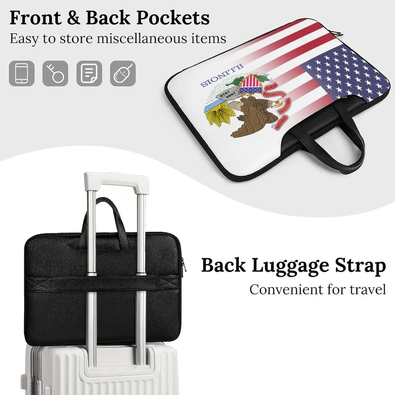 U.S.A Illinois State Flag Leather Bag Laptop Case Slim Water Resistant Computer Bags with Handle Briefcase for Work