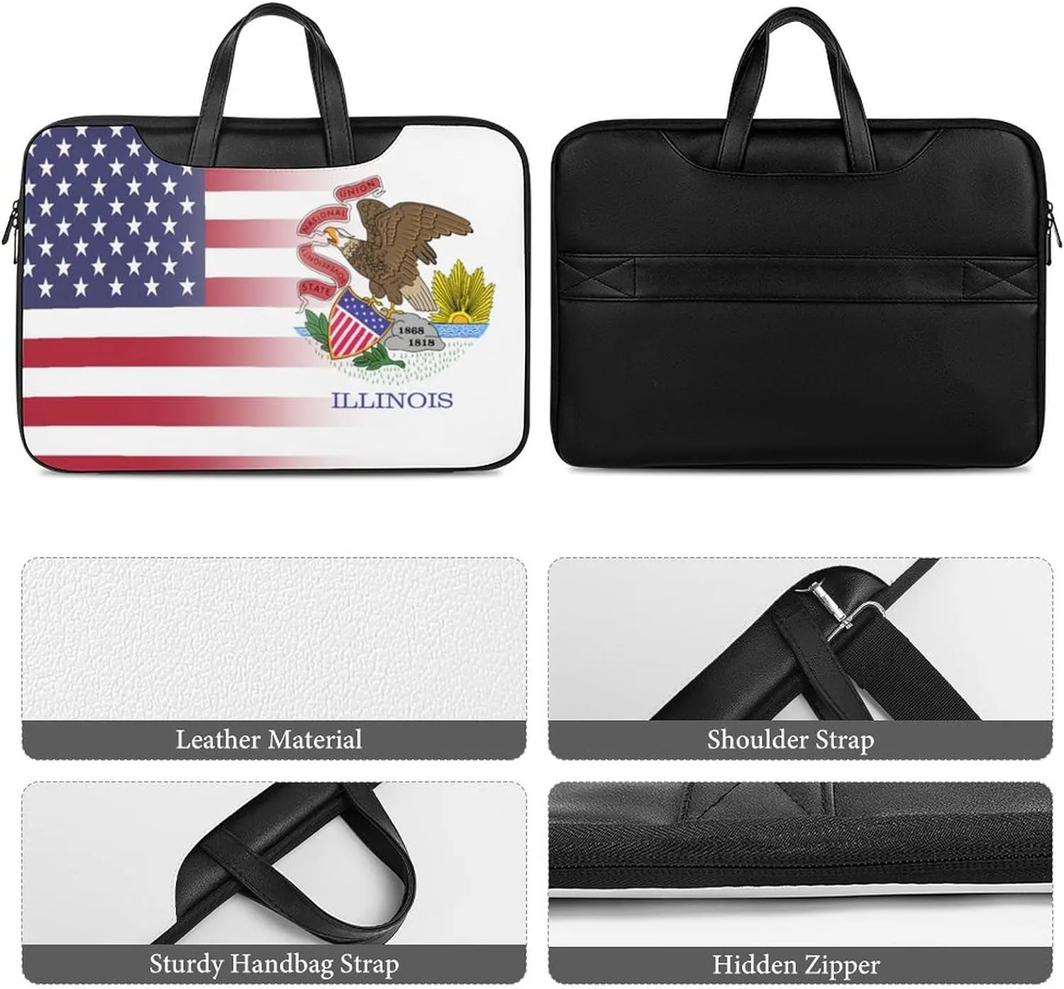 U.S.A Illinois State Flag Leather Bag Laptop Case Slim Water Resistant Computer Bags with Handle Briefcase for Work