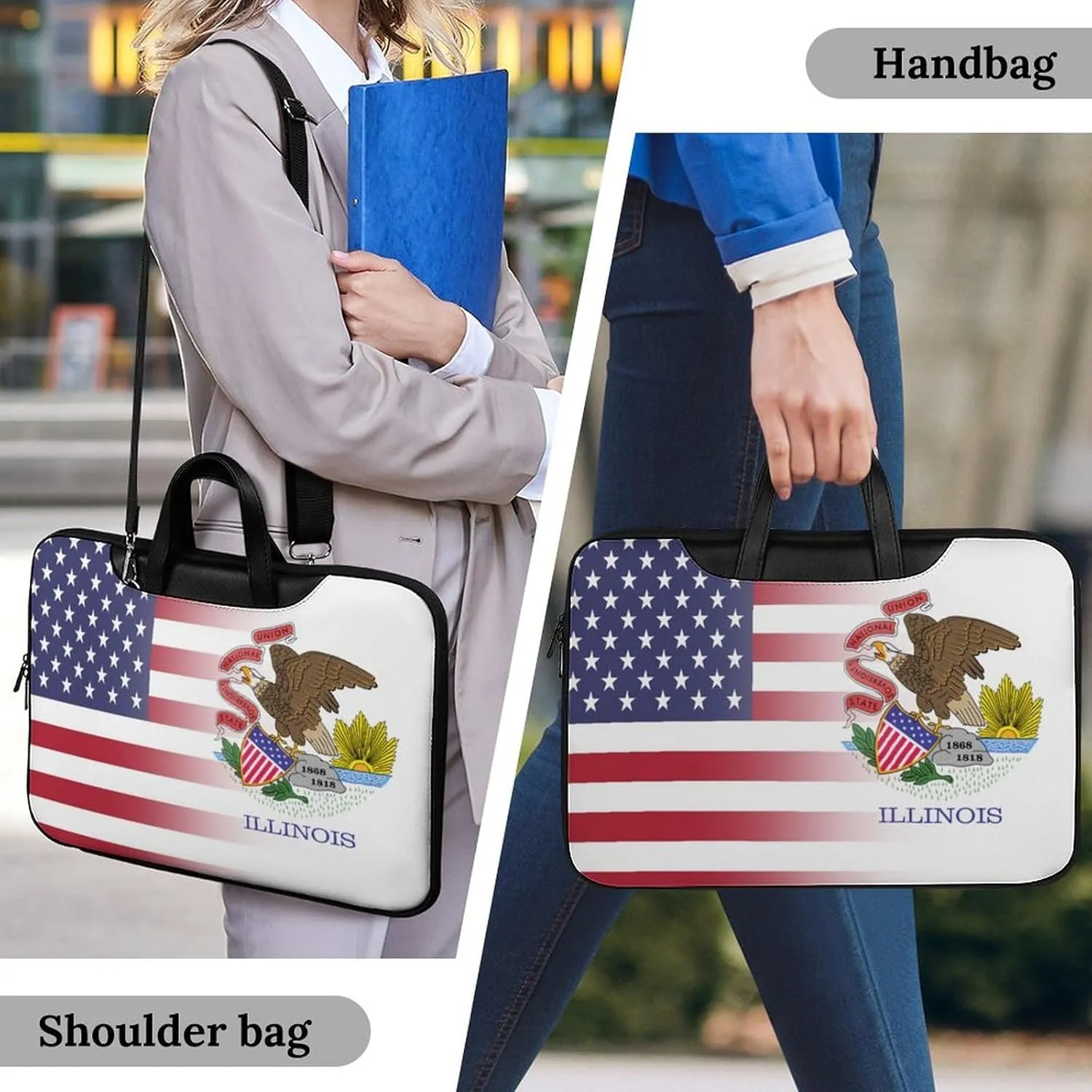U.S.A Illinois State Flag Leather Bag Laptop Case Slim Water Resistant Computer Bags with Handle Briefcase for Work