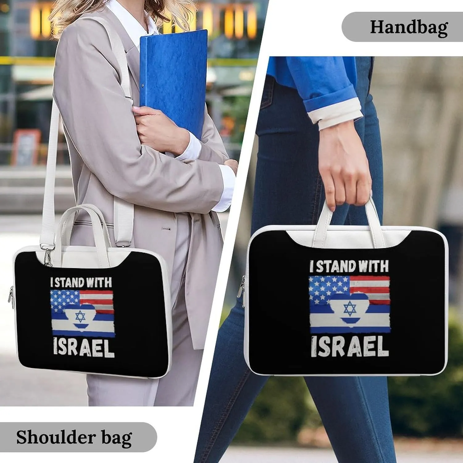 U.S.A Israel Stand with Leather Bag Laptop Case Slim Water Resistant Computer Bags with Handle Briefcase for Work