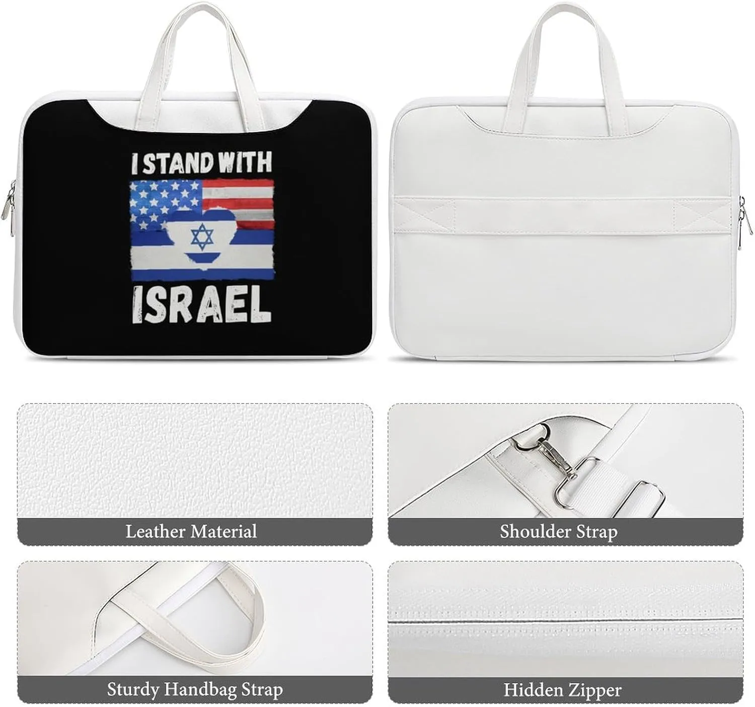 U.S.A Israel Stand with Leather Bag Laptop Case Slim Water Resistant Computer Bags with Handle Briefcase for Work