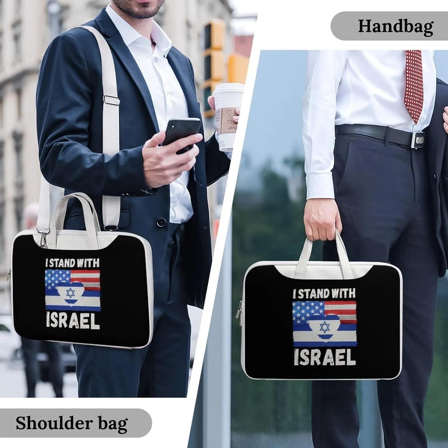 U.S.A Israel Stand with Leather Bag Laptop Case Slim Water Resistant Computer Bags with Handle Briefcase for Work