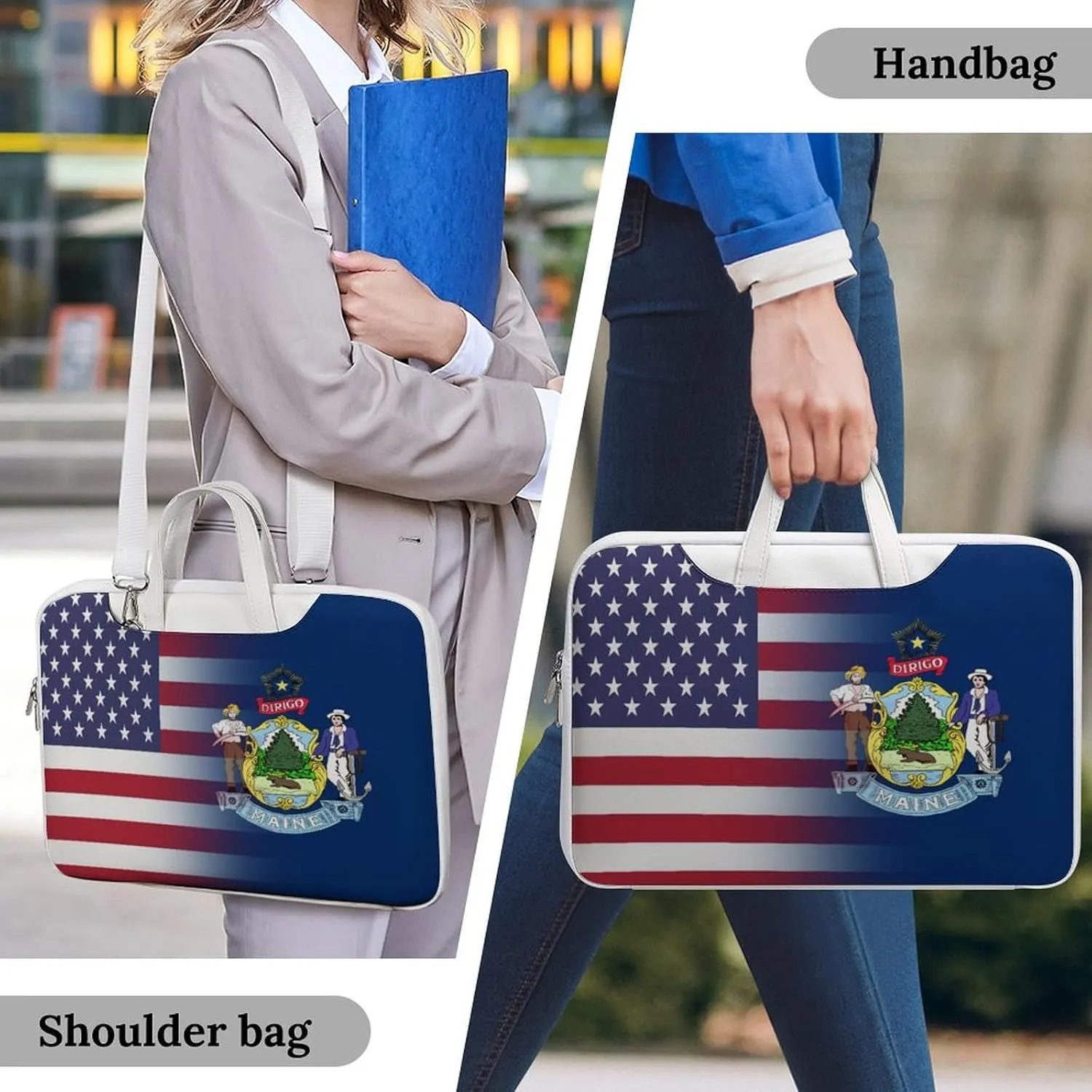U.S.A Maine State Flag Leather Bag Laptop Case Slim Water Resistant Computer Bags with Handle Briefcase for Work