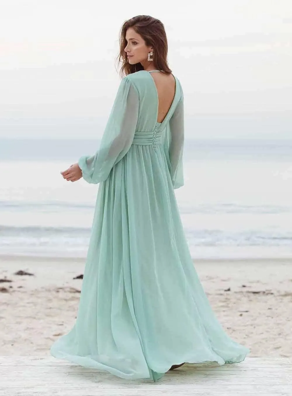 V-Neck Long Sleeve Bridesmaid Dresses with Slit Chiffon Ruched A Line Formal Prom Dresses Evening Gowns