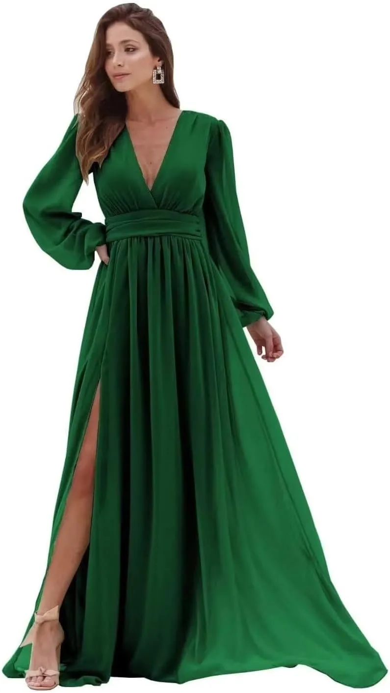 V-Neck Long Sleeve Bridesmaid Dresses with Slit Chiffon Ruched A Line Formal Prom Dresses Evening Gowns