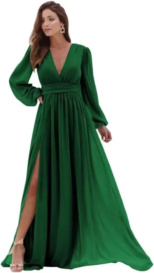 V-Neck Long Sleeve Bridesmaid Dresses with Slit Chiffon Ruched A Line Formal Prom Dresses Evening Gowns