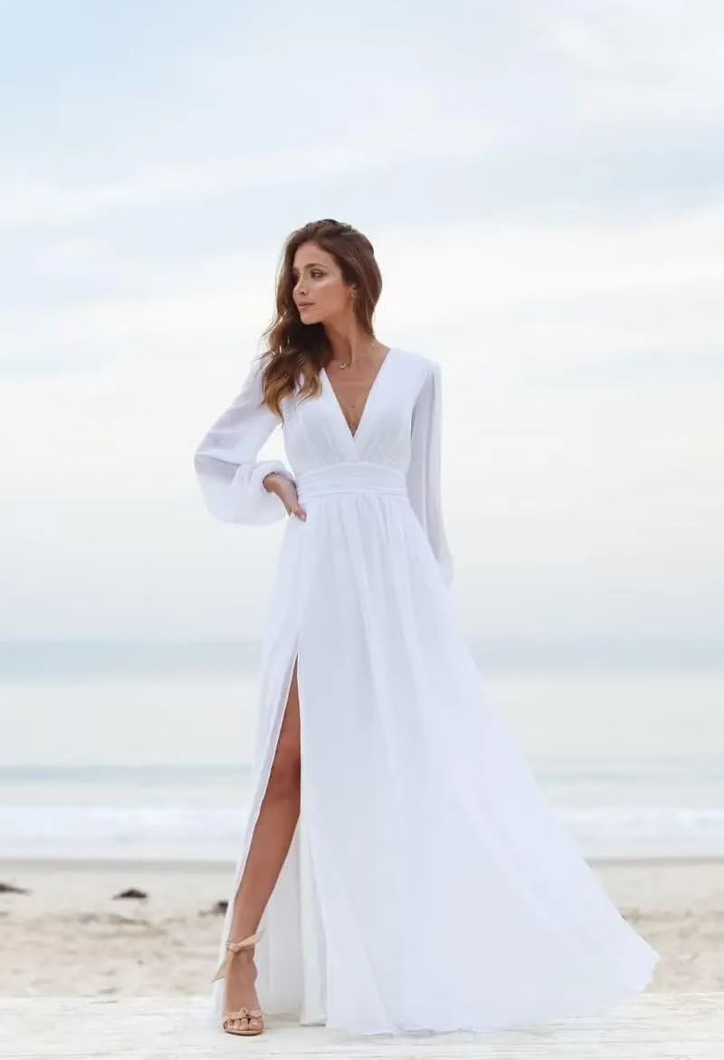 V-Neck Long Sleeve Bridesmaid Dresses with Slit Chiffon Ruched A Line Formal Prom Dresses Evening Gowns