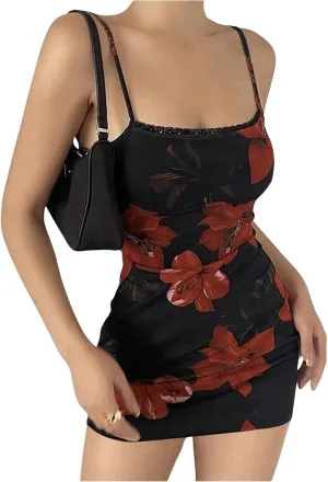 Verdusa Women's Floral Y2K Mini Dress Vintage Flower Sundress Cami Short Bodycon Going Out Dresses