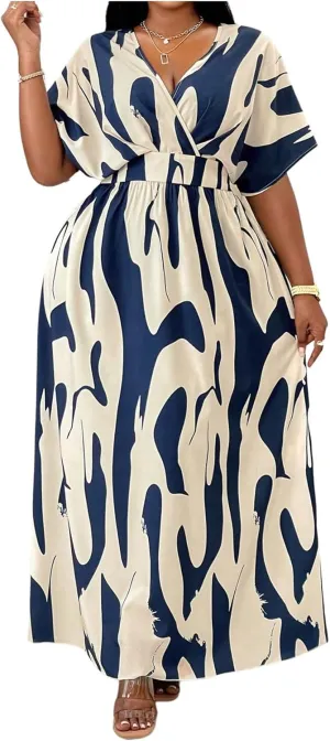 Verdusa Women's Plus Size Graphic Wrap V Neck Vacation Dresses High Waist Shirred Maxi Flare Dress