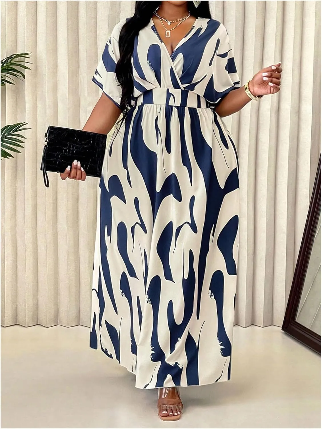 Verdusa Women's Plus Size Graphic Wrap V Neck Vacation Dresses High Waist Shirred Maxi Flare Dress