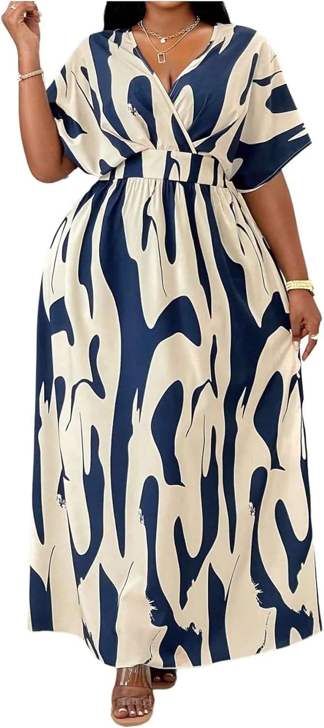 Verdusa Women's Plus Size Graphic Wrap V Neck Vacation Dresses High Waist Shirred Maxi Flare Dress