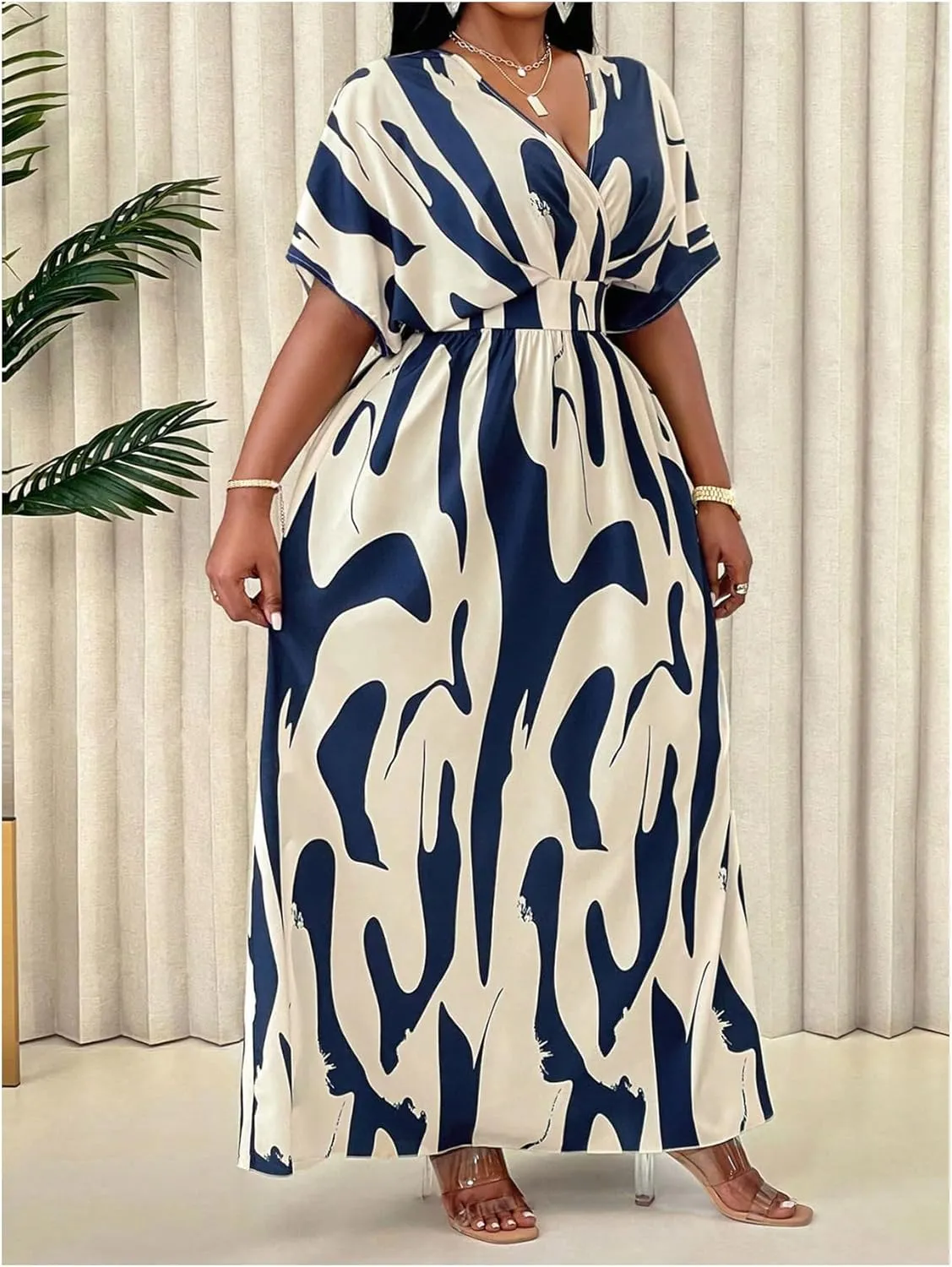Verdusa Women's Plus Size Graphic Wrap V Neck Vacation Dresses High Waist Shirred Maxi Flare Dress