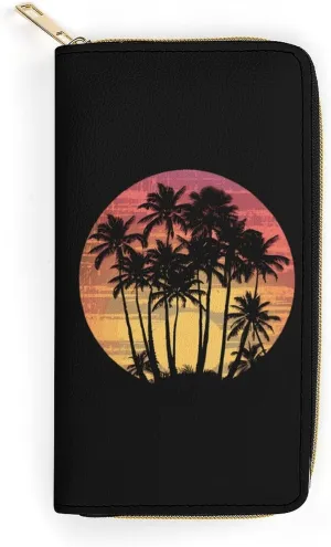 Vintage Hawaii Sunset Palm Trees Wristlet Wallets for Men Women Leather Purse Clutch Cute Card Holder