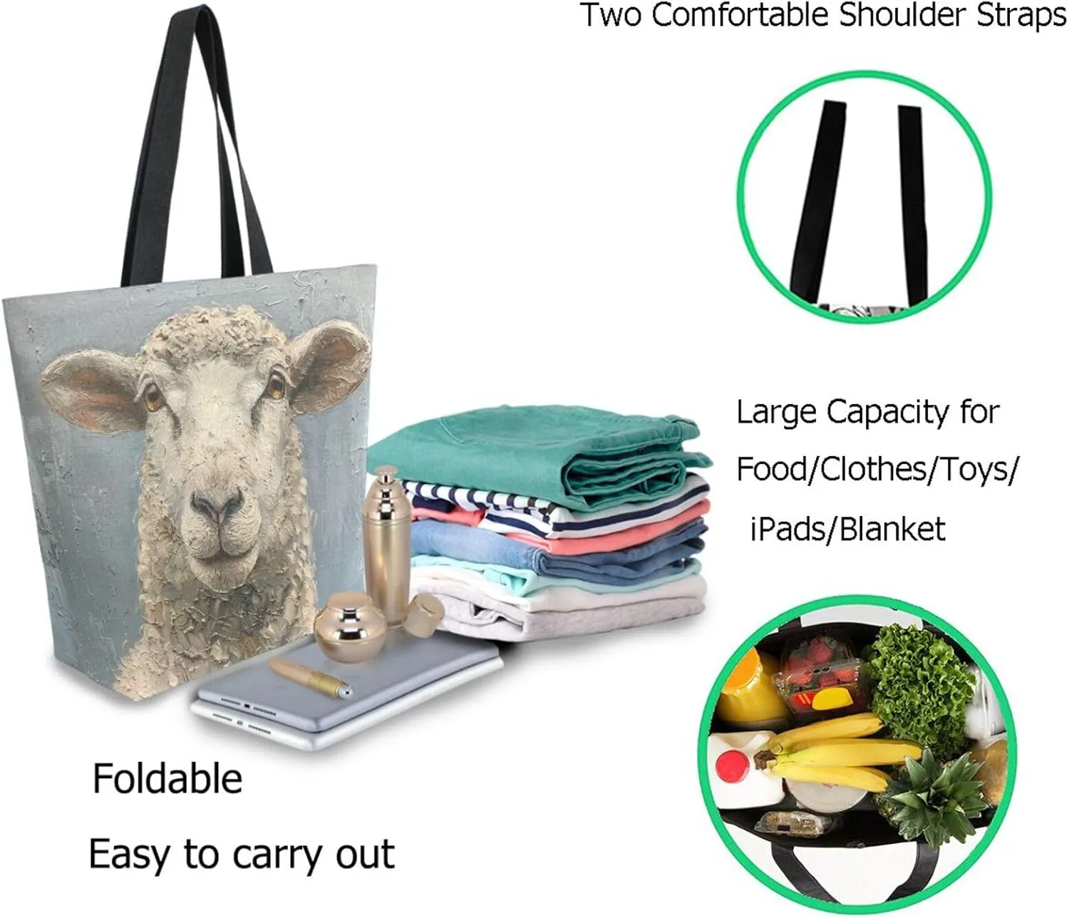 Vivid Pattern Extra Large Shoulder Grocery Tote Bag, Farm Lifelike Painting Sheep Canvas Daily Handle Bag for Gym Weekender Beach Travel Kitchen Reusable Market Shopping