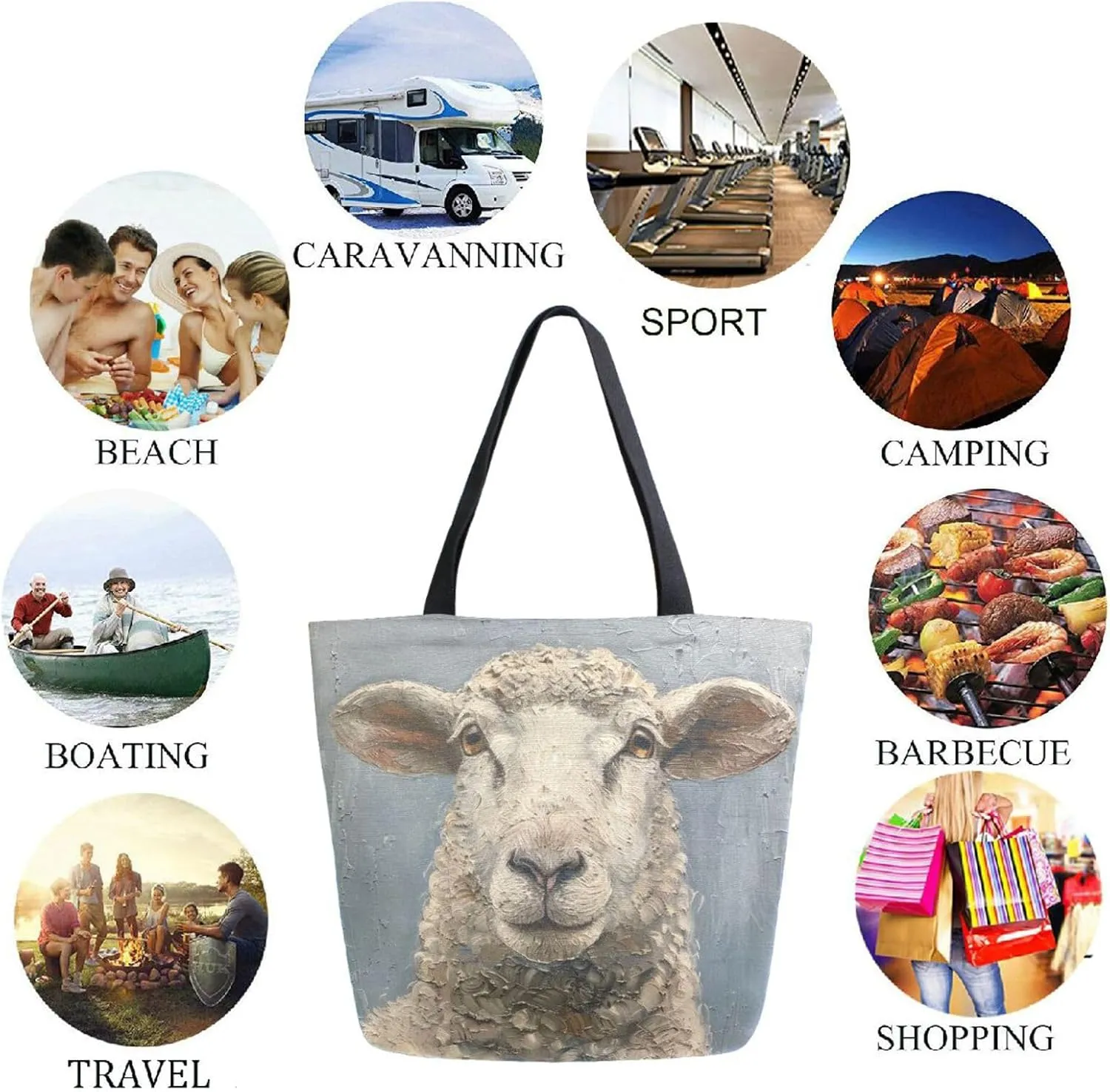 Vivid Pattern Extra Large Shoulder Grocery Tote Bag, Farm Lifelike Painting Sheep Canvas Daily Handle Bag for Gym Weekender Beach Travel Kitchen Reusable Market Shopping