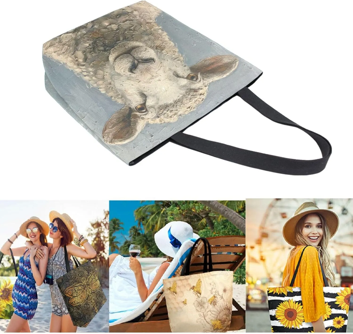 Vivid Pattern Extra Large Shoulder Grocery Tote Bag, Farm Lifelike Painting Sheep Canvas Daily Handle Bag for Gym Weekender Beach Travel Kitchen Reusable Market Shopping