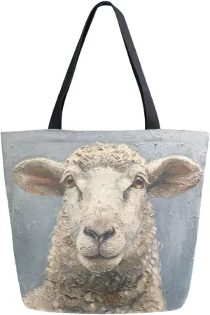 Vivid Pattern Extra Large Shoulder Grocery Tote Bag, Farm Lifelike Painting Sheep Canvas Daily Handle Bag for Gym Weekender Beach Travel Kitchen Reusable Market Shopping