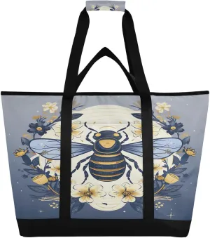 Watercolor Bee Tote Bag for Women with Zipper Reusable Grocery Bags Foldable Insulated Cooler Bag Totes Handbags Shopping Bags for Groceries Beach Travel Work Picnic