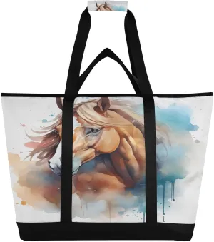 Watercolor Horse Tote Bag for Women with Zipper Reusable Grocery Bags Foldable Insulated Cooler Bag Shopping Bags Totes Handbags for Groceries Travel Beach Work Picnic