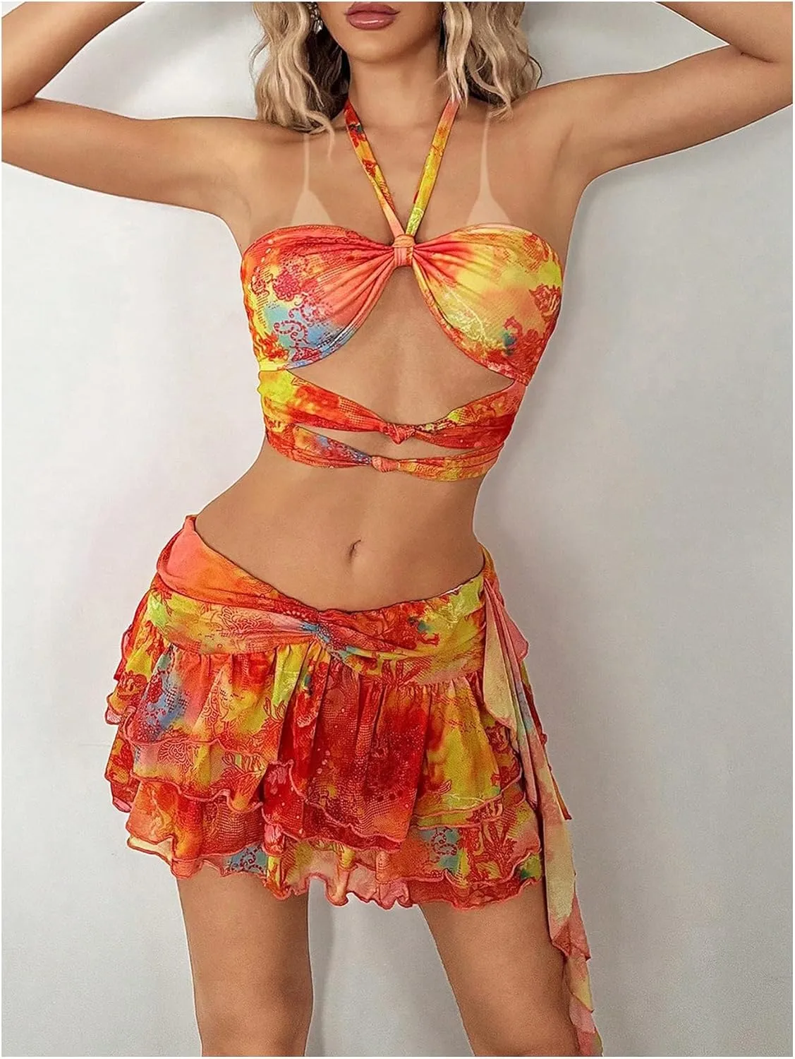 WDIRARA Women's 2 Piece Set Printed Cut Out Halter Camisole Layered Ruffle Skirt Set Vacation Outfits
