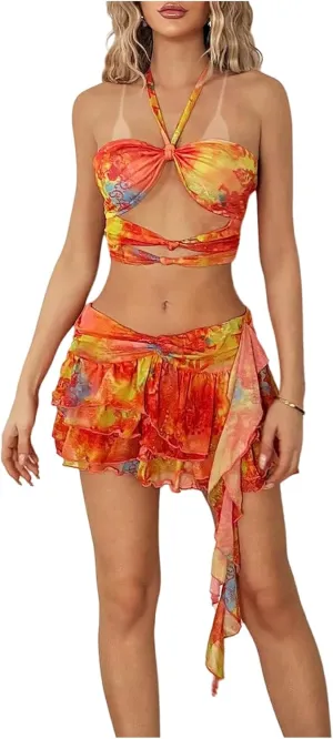 WDIRARA Women's 2 Piece Set Printed Cut Out Halter Camisole Layered Ruffle Skirt Set Vacation Outfits